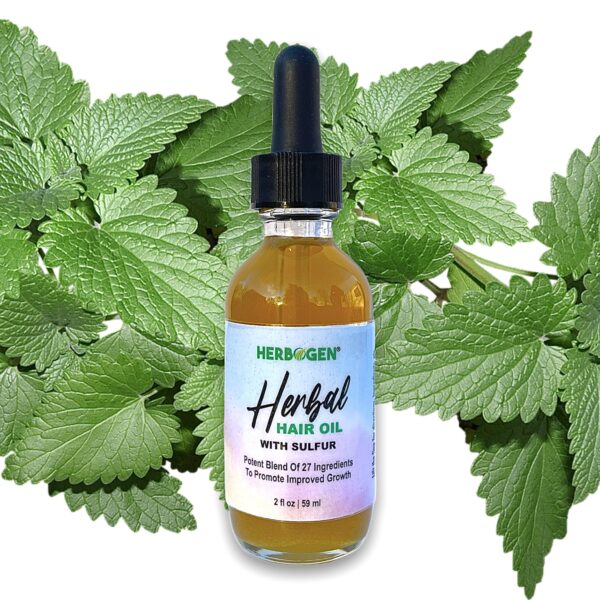 2 oz glass bottle of Herbal hair oil with sulfur