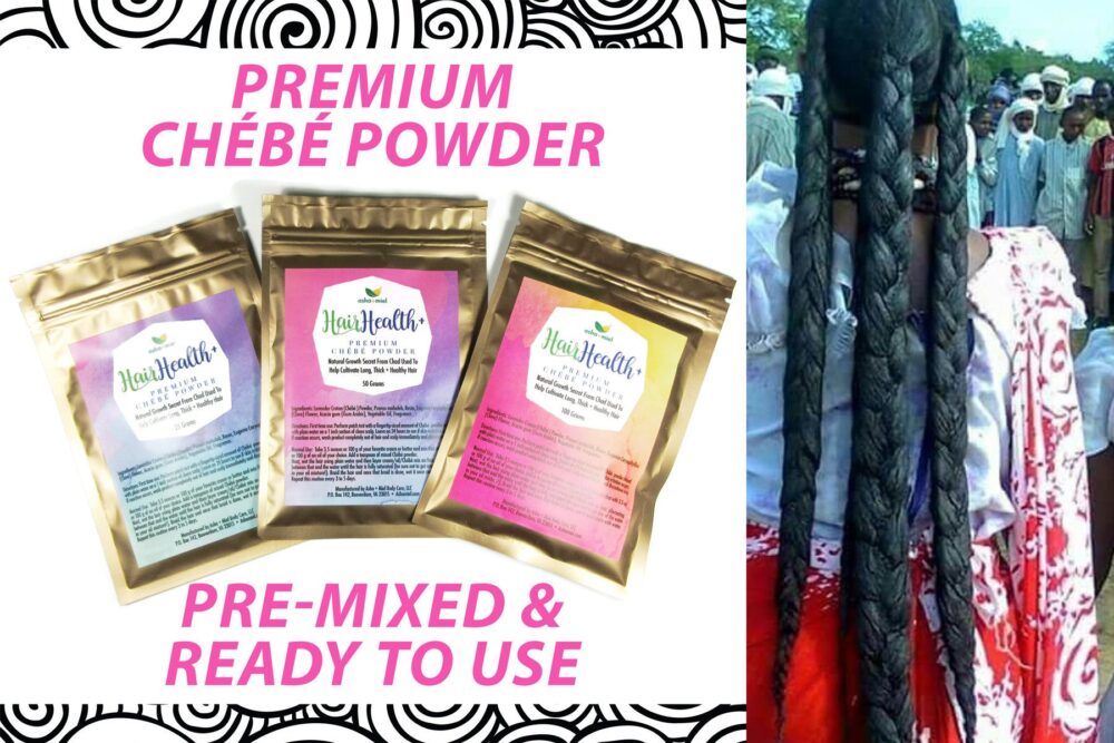 Chebe Powder, One packet each of 25 grams, 50 grams and 100 grams with the words Premium Chebe Powder; Pre-Mixed & Ready To Use along with photo of long, chebe coated, braided hair