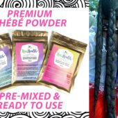 Chebe Powder, One packet each of 25 grams, 50 grams and 100 grams with the words Premium Chebe Powder; Pre-Mixed & Ready To Use along with photo of long, chebe coated, braided hair