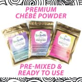 Chebe Powder, One packet each of 25 grams, 50 grams and 100 grams with the words Premium Chebe Powder; Pre-Mixed & Ready To Use