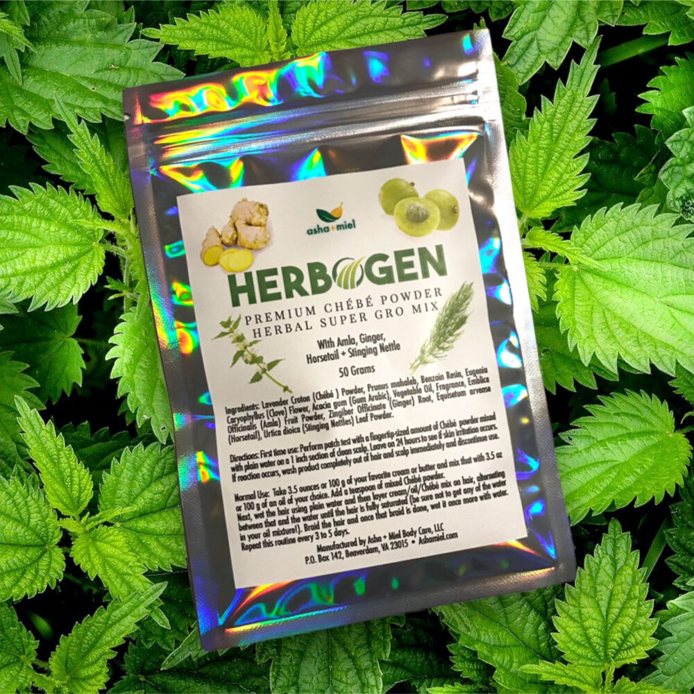 50 gram packet of Chebe Powder Herbal Super Gro Mix on green herbal background