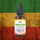Red Pimento Hair Growth Oil, Jamaican Black Castor Oil, Stinging Nettle Hair Oil, 2 ounce bottle on decorative green, yellow and red background