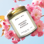 1 4 ounce Japanese Cherry Blossom Soy Jar Candle on Cherry Blossom Background