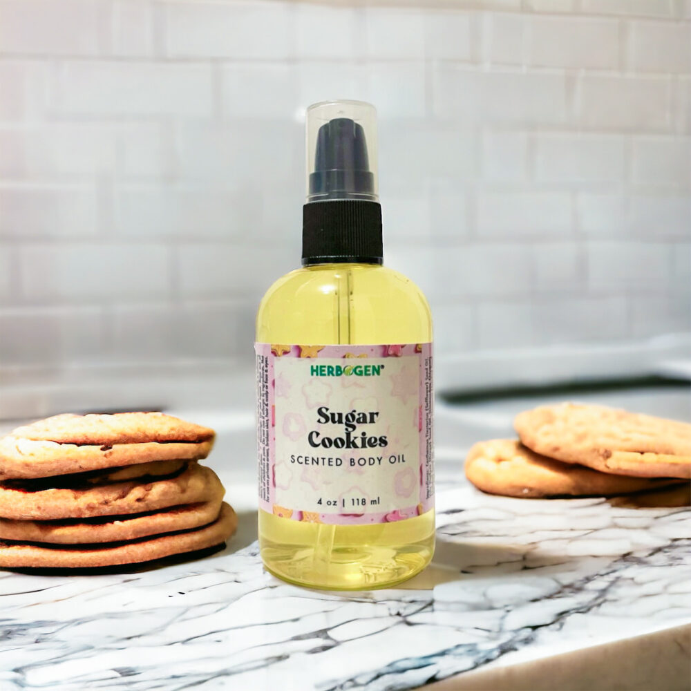 Sugar Cookies Body Oil, 4 ounce bottle with stacks of sugar cookies