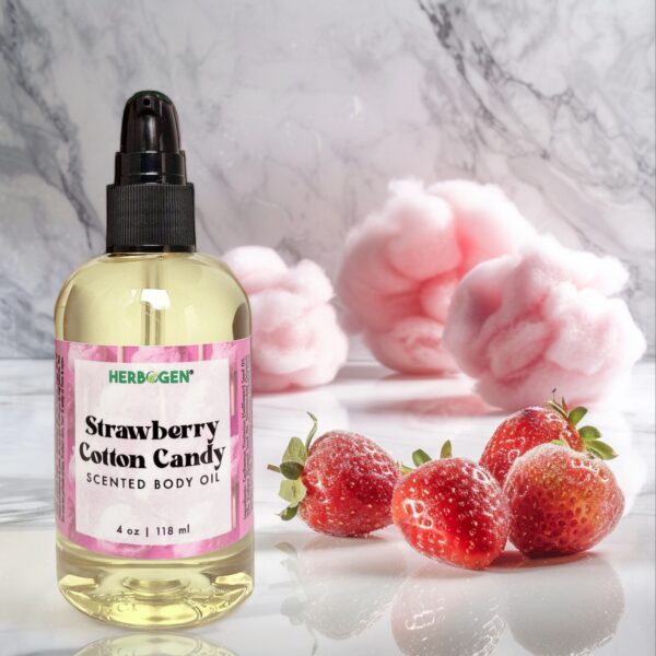 Strawberry Cotton Candy Body Oil, 4 oz pump bottle with pink cotton candy and strawberries